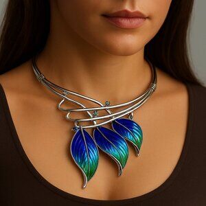 Silver tone Colorful Crystal Leaves Design Necklace - Women's fashion Jewelry